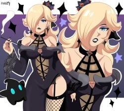 1girls black_dress black_lipstick blonde_hair blue_eyes crown dress earrings female female_only fishnet_stockings goth hair_over_one_eye hi_res karbuitt long_hair looking_at_viewer luma mario_(series) nintendo princess_rosalina smoking solo stockings super_mario_galaxy