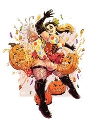 1futa balls big_penis breasts brown_hair candy chance_(hhn) cleavage clown clown_girl cum erection futa_only futanari halloween halloween_horror_nights jack-o'-lantern nipples orgasm penis seepingooze semen skirt twintails yellow_eyes