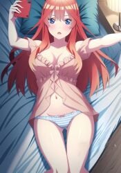 ai_generated breasts busty go-toubun_no_hanayome laying_down laying_on_back laying_on_bed nakano_itsuki red_hair stomach