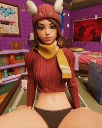 1girls 3d 3d_(artwork) beanie beanie_hat bedroom black_panties blue_eyes brown_hair epic_games female female_focus female_only fortnite fortnite:_battle_royale hat headwear light-skinned_female light_skin loams3d long_hair looking_at_viewer panties pose posing presenting room showing showing_off skye_(fortnite) solo solo_focus sweater underwear winter_wonder_skye_(fortnite)