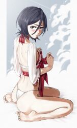 ass barefoot bleach bleach:_the_thousand-year_blood_war feet kuchiki_rukia looking_back petite short_hair skinny small_breasts smaller_female soles solo toes tomboy tsundere waligner wariza