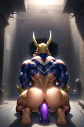 1male ai_generated all_might alleyway back_view blonde_hair dildo gay muscular muscular_back muscular_male my_hero_academia purple_dildo sex_toy squatting toshinori_yagi toy