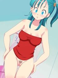 1girls aqua_hair arm arms art bare_arms bare_legs bare_shoulders bathroom blue_eyes blush bottomless breasts bulma_briefs censored cleavage closed_mouth collarbone dragon_ball dragon_ball_(classic) dutch_angle engawa_suguru erodon_hearts female hair_bobbles highres human indoors large_breasts legs long_hair looking_at_viewer mound_of_venus neck pubic_hair pussy red_tubetop shy side_ponytail solo standing strapless thighs toilet tubetop