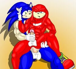 anal anthro begami blue_eyes blue_fur clothing cum echidna footwear fur furry gloves green_eyes hedgehog human knuckles_the_echidna male male_only mammal monotreme multiple_males penis shoes sonic_(series) sonic_the_hedgehog yaoi