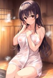 ai_generated black_hair kasumigaoka_utaha naked_towel nipples_visible_through_clothing red_eyes saenai_heroine_no_sodatekata towel towel_only