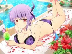 ass ayane_(doa) back bare_arms bare_back bare_legs bare_shoulders bare_thighs barefoot big_breasts bikini blush body_blush breasts butt_crack cleavage closed_mouth cocktail collarbone crossover dead_or_alive feet_out_of_frame legs_up lying official_art on_stomach pool poolside purple_bikini purple_hair red_eyes senran_kagura_new_link shiny_skin short_hair sideboob smile the_pose thighs water yaegashi_nan