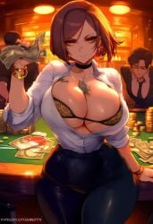 1girls ai_generated arrogant big_butt cash cash_in_cleavage choker earrings fat_ass female gambling holding_money hourglass_figure huge_breasts human jujutsu_kaisen kugisaki_nobara money money_between_breasts office_lady school_uniform smirk smirking smirking_at_viewer solo_focus thick_ass thick_thighs tiny_waist