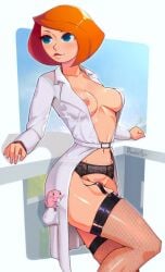 ann_possible breasts dynoxter garter_belt kim_possible labcoat nipples no_bra no_panties red_hair rufus_(kim_possible) stockings