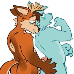 1:1 antlers ass balls bedroom_eyes blue_body blue_fur brown_body brown_fur brown_hair butt_grab canid canine canis cheek_tuft deer domestic_dog duo erection facial_tuft fox fur gay genitals hair half-closed_eyes hand_on_butt horn humanoid_genitalia humanoid_penis hybrid imminent_anal imminent_sex male male/male mammal mocheccino narrowed_eyes nude open_mouth orange_body orange_fur penis seductive simple_background smile smirk smug smug_face tan_body tan_fur tuft white_background