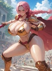 ai_generated angry athletic_female bare_legs bikini_armor blush braided_ponytail female female_only ganggang gigantic_breasts huge_breasts huge_thighs light-skinned_female light_skin long_hair looking_at_viewer massive_breasts one_piece orange_eyes pawg pink_hair rebecca_(one_piece) shounen_jump solo_female squatting sweat sweatdrop sword thick_thighs thighs thighs_bigger_than_head voluptuous voluptuous_female