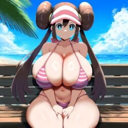 ai_generated ameanon beach bikini bright_pupils cleavage double_bun huge_breasts nintendo pink_bikini pokemon rosa_(pokemon) sideboob sitting smile striped_bikini thick_thighs twintails