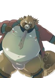 anthro areola belly big_bulge biped brown_body brown_fur bulge canid canine clothing detailed_bulge dress_shirt facial_scar fur gyobu_(tas) hi_res kusarikakemono lifewonders male male_anthro mammal mature_male moobs navel necktie nipples one_eye_closed overweight overweight_anthro overweight_male raccoon_dog scar shirt solo tanuki tattoo thong tokyo_afterschool_summoners topwear underwear wink