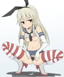 blonde_hair boots breasts brown_eyes elbow_gloves female freedom_nakai gloves gradient_background hair_ribbon highres kantai_collection long_hair nipples panties pussy_juice ribbon shimakaze_(kantai_collection) shirt_lift solo spread_legs spread_pussy_under_clothes squatting striped striped_legwear thighhighs thong thong_panties underwear