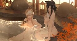 2girls bath bathing blake_belladonna breasts breasts_out dishwasher1910 large_breasts medium_breasts naked naked_female nude nude_female rwby shy towel water yang_xiao_long