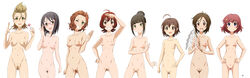 6+girls :d adjusting_glasses ahoge anzai_miyako arm_up armpits black_hair blue_eyes blush breasts brown_eyes brown_hair candy doumyouji_karin earrings female glasses gohei green_eyes grin hair_bun hair_ornament hairclip hamaguchi_ayame hand_on_hip hands_on_hips holding idolmaster idolmaster_cinderella_girls jewelry kamijou_haruna kimura_natsuki light_brown_hair lineup lollipop multiple_girls nail_polish namba_emi navel nipple_piercing nipples nude one_eye_closed open_mouth piercing pink-framed_glasses pompadour pubic_hair pussy red_hair scrunchie shading_eyes short_hair sidelocks signature simple_background small_breasts smile surprised take_your_pick ueda_suzuho uncensored vzmk2 wakiyama_tamami waving wavy_hair white_background wink yellow_eyes