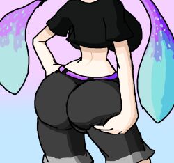 ass ass_focus ass_grab belt belt_buckle big_ass big_breasts big_butt big_hips black_jeans black_pants black_shirt breasts clothed clothing cyan_hair fucost fully_clothed grabbing grabbing_own_ass gray_pants hips huge_ass huge_breasts huge_butt huge_hips inkling inkling_girl jeans original_character pink_hair recreation short_jeans short_shirt simple_background splatoon white_background white_skin