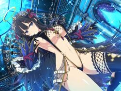 armpits ass_visible_through_thighs asymmetrical_legwear bare_belly bare_legs bare_thighs belly_button big_breasts bikini black_gloves black_hair blue_eyes blush body_blush breasts cleavage closed_mouth detached_sleeves gloves hair_ornament halo long_hair marvelous official_art ryouki_(senran_kagura) seductive_smile senran_kagura senran_kagura_new_link shiny_skin sideboob slingshot_swimsuit swimsuit thighhighs thighs underboob yaegashi_nan