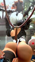 android android_girl ass ass_focus bottom_heavy cameltoe caught fat_ass female female_focus leotard nier nier:_automata nier_(series) phatphaps red_eyes robot short_hair thigh_highs tied_up white_hair yorha_2b