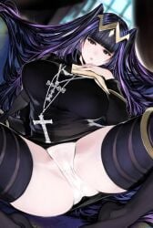 1girls black_eyes black_hair crotch fire_emblem fire_emblem_awakening houden_eizou large_breasts looking_at_viewer looking_down nintendo panties spread_legs tharja_(fire_emblem) thick_thighs thighs