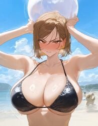 1girls ai_generated angry annoyed_expression armpits arms_up beach big_breasts bikini blush boobs_bigger_than_head breasts_bigger_than_head female female_only gaze glaring glaring_at_viewer huge_breasts human jujutsu_kaisen kugisaki_nobara narrowed_eyes pov_eye_contact sneer solo sunny sweat v-shaped_eyebrows