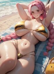 ai_generated athletic_female bare_legs beach bikini bikini_top blush braided_ponytail female female_only ganggang gigantic_breasts golden_bikini huge_breasts huge_thighs light-skinned_female light_skin long_hair looking_at_viewer massive_breasts one_piece orange_eyes pawg pink_hair rebecca_(one_piece) shounen_jump smiling solo_female squatting sweat sweatdrop thick_thighs thighs thighs_bigger_than_head voluptuous voluptuous_female