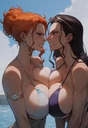 2girls ai_generated angry angry_face big_breasts bikini black_hair breast_press civitai close-up female female_only looking_at_another nami nami_(one_piece) nico_robin one_piece orange_hair stable_diffusion suckeryes teeth