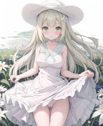 ai_generated big_breasts blonde_hair dress dress_lift dress_lifted_by_self flower green_eyes lillie_(pokemon) long_hair nervous panties pantyshot pokemon sun_hat tensor_art white_dress