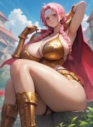 ai_generated athletic_female bare_legs bikini_armor blush braided_ponytail female female_only ganggang gigantic_breasts huge_breasts huge_thighs light-skinned_female light_skin long_hair looking_at_viewer massive_breasts one_piece orange_eyes pawg pink_hair rebecca_(one_piece) shounen_jump solo_female squatting sweat sweatdrop thick_thighs thighs thighs_bigger_than_head voluptuous voluptuous_female