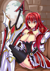 armor armored_dress black_legwear breasts cleavage clothing detached_collar dress dunamis elbow_gloves elesis elsword female gloves huge_weapon large_breasts miniskirt neckerchief necktie red_hair sideboob sitting skirt smile sword thighhighs weapon white_skirt