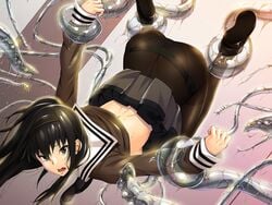 black_boots black_eyes black_hair black_legwear black_pantyhose black_skirt boots etsuraku_no_tane female game_cg headband helpless imminent_penetration imminent_rape imminent_sex long_hair long_sleeves looking_at_viewer murasawa_itsuki open_mouth panties pantyhose rape restrained school_uniform see-through slime_monster solo straight_hair sweat tentacle top-down_bottom-up upside-down wendybell