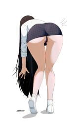 1girls ass ass_focus black_hair black_panties black_skirt from_behind goddess_of_victory:_nikke hi_res marciana_(nikke) marciana_(school_days)_(nikke) official_alternate_costume peachcupp pen pencil_skirt reaching_out school_uniform simple_background skirt solo solo_female underwear upskirt white_background white_shirt