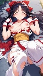 1girls ai_generated ainu_clothes big_breasts blue_hair breasts busty closed_eyes female female_only hair_ribbon highres king_of_fighters large_breasts legs long_hair lying nakoruru pants ribbon samurai_shodown snk solo thighs torn_clothes voluptuous