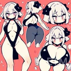 ai ai_generated flower_in_hair large_ass large_breasts red_eyes swimsuit swimwear thick_thighs tight_clothes tight_clothing tight_fit white_hair