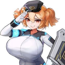 arm_band armband bracelet breasts_bigger_than_head cerberus_(last_origin) color female female_focus female_only game_cg gloves hair_between_eyes hat holding_shield huge_breasts last_origin looking_at_viewer mole mole_under_eye orange_hair police police_hat police_officer police_uniform policewoman red_eyes salute short_hair short_twintails sima_(startwitch) smile smiling smiling_at_viewer teeth teeth_showing tight_clothing tight_uniform transparent_background twintails uniform upper_body white_gloves white_uniform