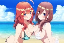 beach bikini bikini_bottom bikini_top brown_hair brown_hair go-toubun_no_hanayome nakano_itsuki nakano_miku red_hair swimsuit swimwear