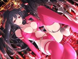 akeno_himejima ass_visible_through_thighs bare_belly bare_shoulders belly_button big_breasts black_hair blush body_blush breasts choker cleavage clothing_cutout collarbone crossover demon_wings detached_sleeves elbow_gloves finger_on_cheek gloves hair_ribbon high_school_dxd knee_up lingerie long_hair official_art pink_gloves pink_thighhighs ponytail purple_eyes revealing_clothes senran_kagura_new_link shiny_skin sitting smile thigh_strap thighhighs thighs tongue tongue_out underwear yaegashi_nan zettai_ryouiki