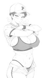 1girls abs baseball_cap baseball_uniform big_breasts blush breasts cleavage large_breasts monochrome navel original panties pants_pull ranhatu shirt_lift short_hair solo sports_bra steam steaming_body sweat sweaty_body thong tomboy unbuttoned unbuttoned_pants underwear very_short_hair wide_hips