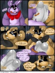 ! ? animatronic anthro bear bonnie_(fnaf) bow buckteeth chubby close-up comic cum cum_on_penis cum_string dialogue edgar_mcmillan english_text five_nights_at_freddy's freddy_(fnaf) fronnie frots grinding half-closed_eyes handjob hat lagomorph long_ears looking_at_viewer looking_down looking_up lying machine male male_only mammal nude on_back one_eye_closed open_mouth orgasm penis penis_grab pov precum question rabbit robot smile squint stroking teeth text tongue tongue_out yaoi