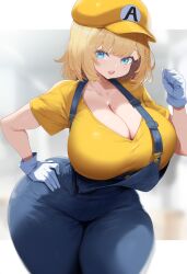 ai_generated ameanon blonde_hair blue_eyes cleavage hololive hololive_english hololive_myth huge_breasts mario_(cosplay) mario_hat mommy overalls strap_slip tagme thick_thighs virtual_youtuber vtuber watson_amelia wide_hips