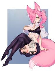 1girls big_tail blacked clothed female fox_girl green_eyes looking_at_viewer pink_hair qos queen_of_spades seika54 smile snowbunny thighhighs tight_clothing white white_skin