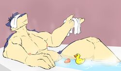 bath bobbibum canine male male_only mammal muscles nintendo nude penis penis_tip pokemon pokemon_(species) rubber_duck straight_hair towels typhlosion video_games