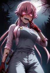 1girls ai_generated asian asian_female blood blood_on_face blush blushing clothed clothed_female female gasai_yuno gloves glowing_eyes highres human light-skinned light-skinned_female looking_at_viewer mirai_nikki moon moonlight night nighttime non-web_source open_mouth outdoors overalls pink_eyes pink_hair sinister_smile sky solo solo_female trees twintails weapon