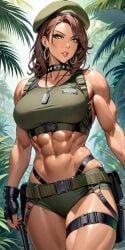 1female 1girls abs ai_generated belly belly_button belt beret biceps big_breasts breasts brown_hair collar collarbone dog_tags earring female female_focus female_only fingerless_gloves gloves green_clothing green_eyes harness holster jungle leather leather_gloves leather_harness legband lia_the_busty_redhead long long_hair looking_at_viewer messy_hair military muscles muscular muscular_arms muscular_female muscular_thighs original original_character outdoors outside pelvic_line self_upload shorts shoulder_length_hair soldier solo solo_female tagme tall_female tank_top thigh_gap thighs tight_clothing underwear wide_hips