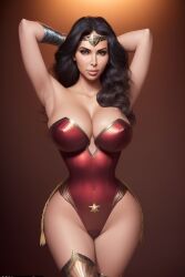 ai_generated armpits big_breasts black_hair celebrity cleavage cosplay curvy dc dc_comics hands_behind_head hourglass_figure inviting kim_kardashian long_hair perchance_ai presenting real_person seductive_smile self_upload shaved_armpit slim_waist smile superheroine voluptuous wonder_woman wonder_woman_(cosplay) wonder_woman_(series)