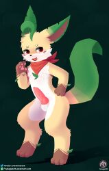 absurd_res anthro balls blush claws eeveelution fangs generation_4_pokemon genitals hi_res knot leafeon male nintendo open_mouth paws penis pokemon pokemon_(species) scarf senz simple_background solo standing tail teeth text url