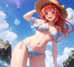 ai_generated blue_sky blush go-toubun_no_hanayome nakano_itsuki red_hair swimwear