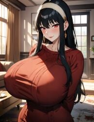 1girls 4k absurd_res ai_generated alternate_breast_size anime arms_behind_back black_hair breast_focus close-up closed_mouth comfyui covered_nipples detailed detailed_background earrings gigantic_breasts hairband hd highres huge_breasts indoors light_blush light_smile living_room long_hair mappa mature_female milf nsfw red_sweater scenery shiny_skin solo solo_focus spy_x_family stable_diffusion standing sunlight sweater uncensored xenomon yor_briar yor_forger