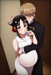 ai_generated blonde_hair dress faceless_male finger_in_mouth hands_behind_back hearts_around_head hug kaguya-sama kaguya-sama_wa_kokurasetai_~tensai-tachi_no_renai_zunousen~ looking_at_viewer pregnant pregnant_female red_eyes shinomiya shinomiya_kaguya shirogane_miyuki silence_gesture uniform white_dress