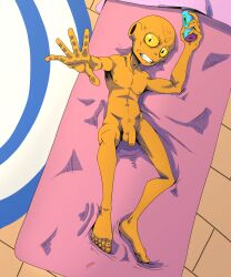 2024 alien alien_humanoid balls bed bird's-eye_view caught clenched_teeth dragon_ball dragon_ball_super feet flaccid full-length_portrait furniture genitals hi_res high-angle_view holding_object holding_sex_toy holding_vibrator humanoid humanoid_feet humanoid_hands lemo_(dragon_ball) male male_focus male_only nipples no_humans not_furry nude nude_male on_bed penis plantigrade portrait sex_toy silas_blackwing solo teeth vibrator yellow_body yellow_eyes yellow_skin