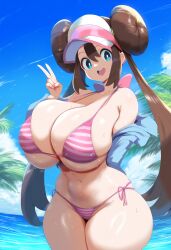 ai_generated ameanon beach bikini blue_eyes bright_pupils brown_hair cleavage double_bun huge_breasts large_breasts looking_at_viewer nintendo peace_sign pink_bikini pokemon rosa_(pokemon) sideboob striped_bikini thick_thighs twintails